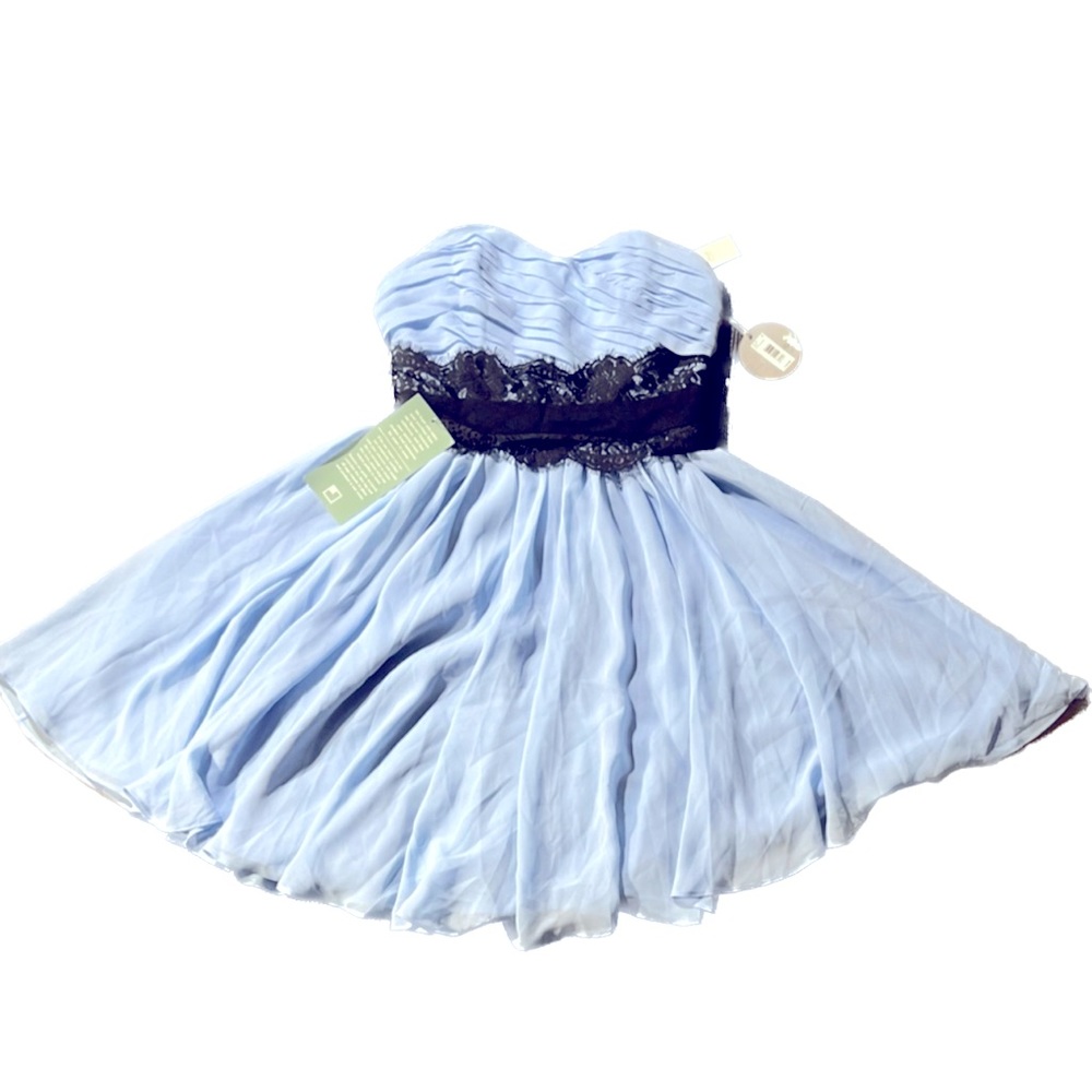 Pearl blue fit and flare dress with black lace belt
